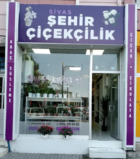 Sivas Şehir Çiçekçilik dükkânının mor tabelalı vitrin görünümü